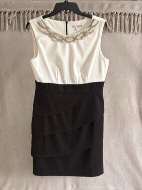 Black Tiered Dress with Pearl Embellished Neckline
